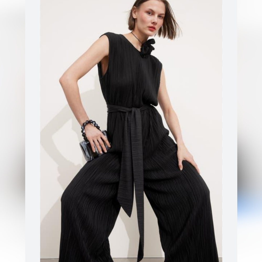 & Other Stories Black Pleated Palazzo Wide Leg Jumpsuit. Size Small